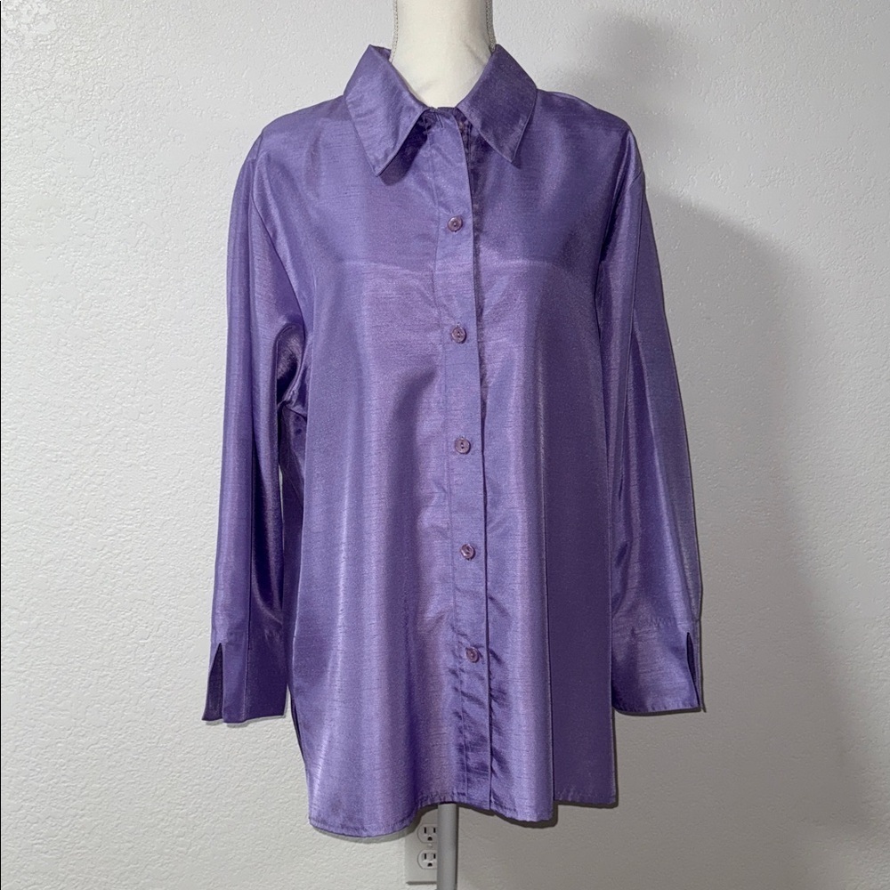 DRAPERS&DAMOS Purple Satin Polyester Women's Button-Up Shirt